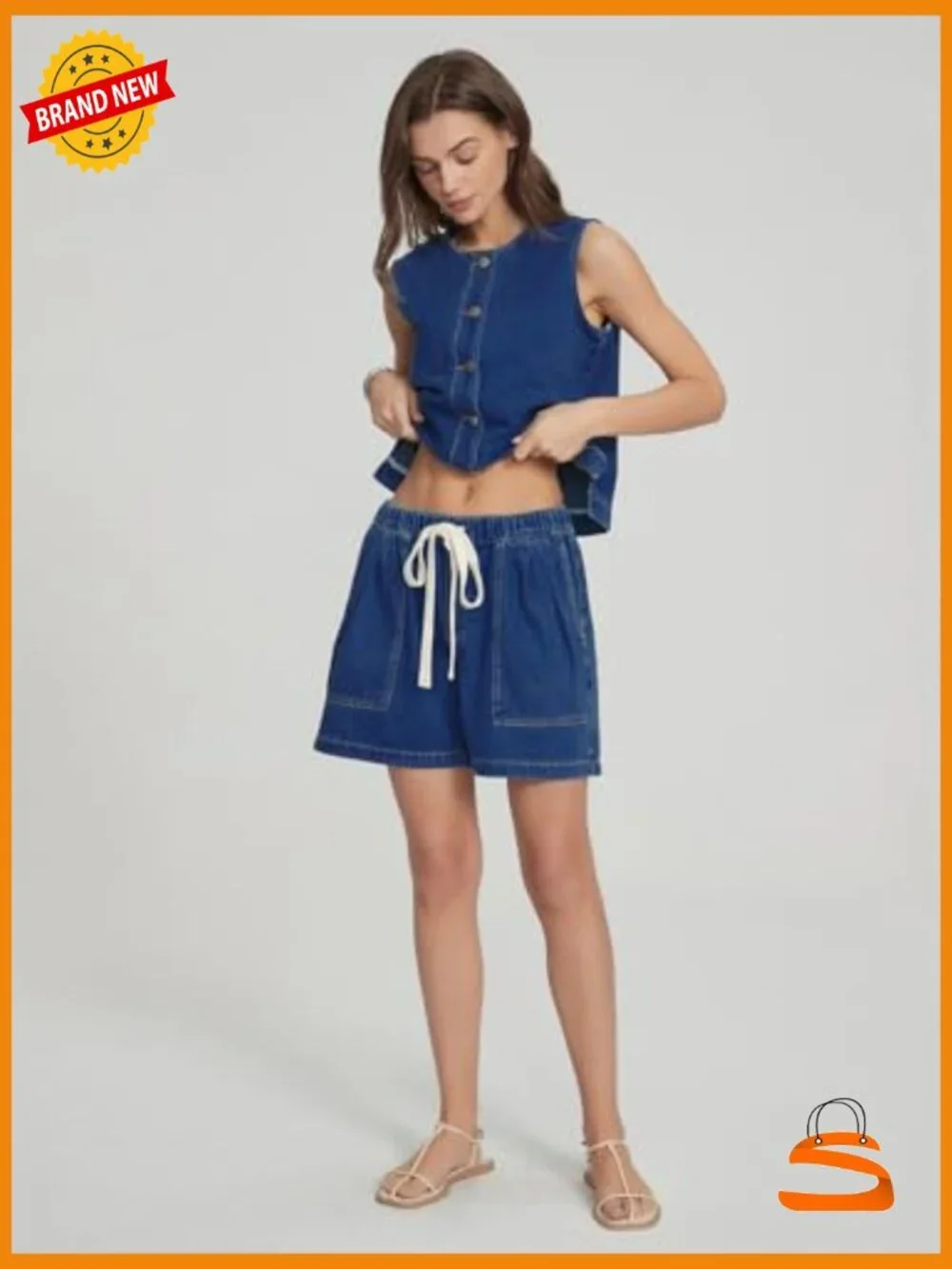 Sleeveless Denim Vest & Baggy Jean Shorts Matching Set